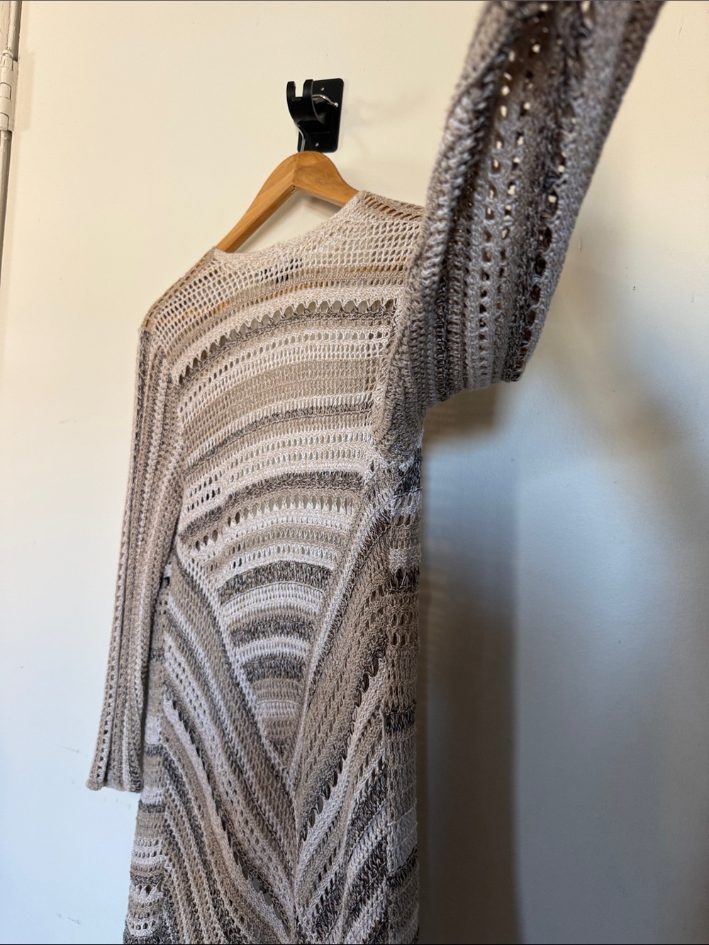 Style & Co Tan Multi Stripe Crochet Open Front Cardigan Medium Womens Pointelle - Picture 11 of 11
